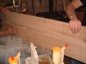 Biscuited joint being assembled