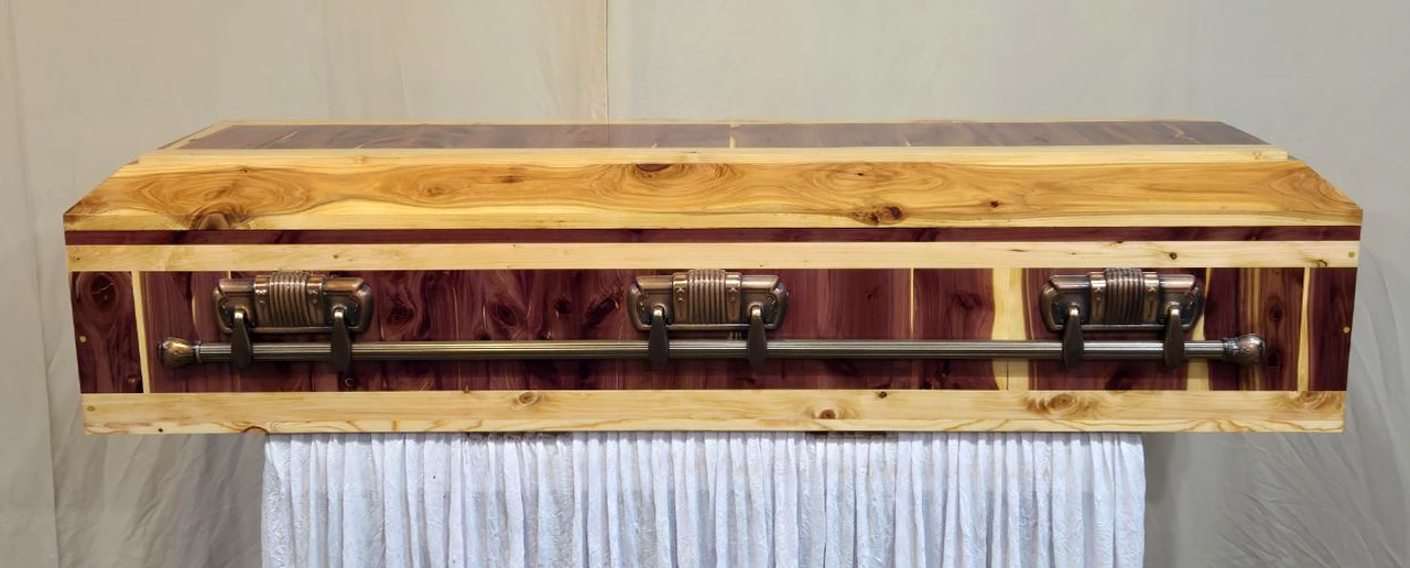 Custom Cedar Caskets - We offer many customizations including mixing wood types, different lid & handle designs, box sizes, colors, personalizations and more.